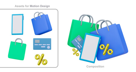 The concept of online shopping in social networks. With separate icons for motion design. 3d render illustration