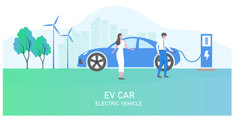 Fototapeta premium Electric car, EV car, charging battery at electric charging station. Sustainable green energy for ecology environment. Futuristic transportation technology.