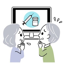 イラスト素材：新型コロナワクチン接種の情報をテレビで知り不安になる老夫婦（シニア接種/主線あり）
