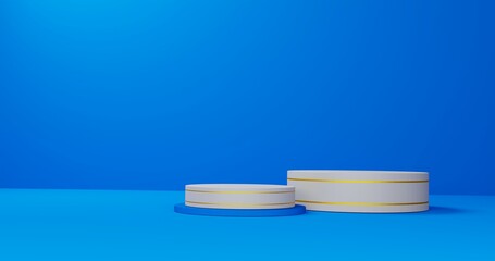 Set of tow white cylinder with golden line pedestal podium display on empty room blue  background. Abstract modern 3D rendering 3d shape for cosmetic products presentation. Pastel minimal scene.