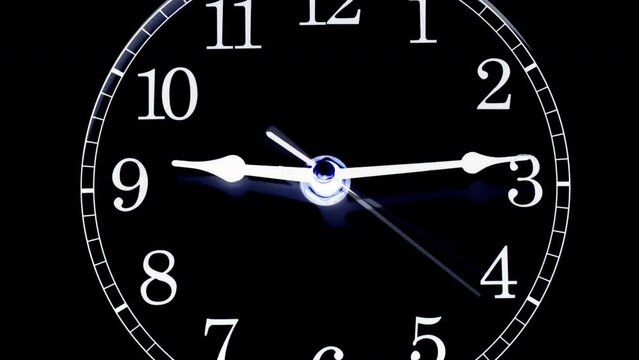 Time forwards and backwards. Timelapse clockface with hands going forwards to 12.00 into the future then backwards into the past. Going forward in time and back in time.