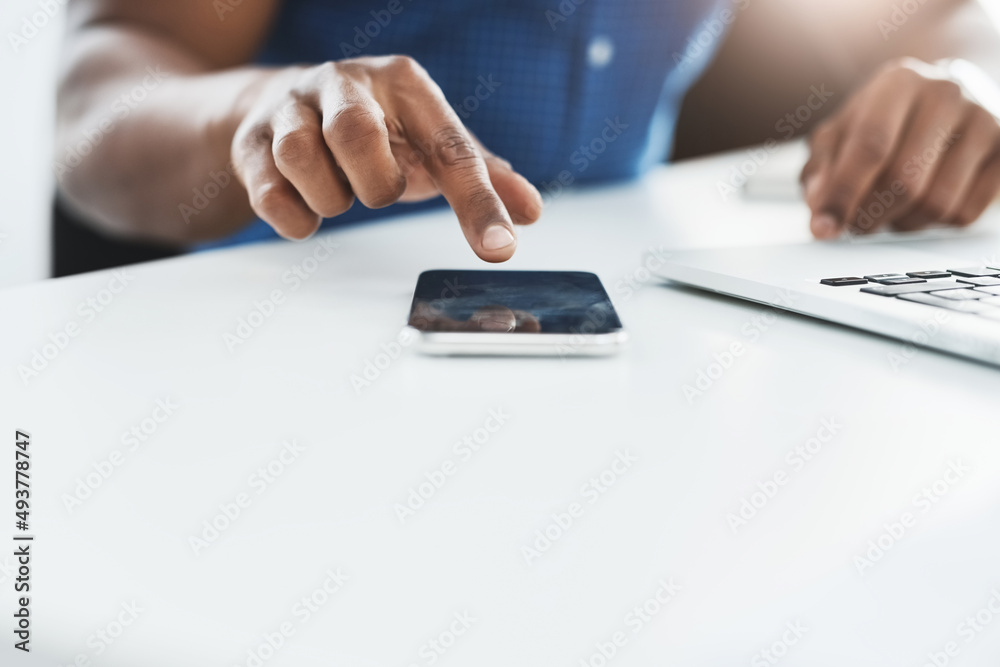 Fototapete say all you need with ease via text. closeup shot of an unrecognizable businessman using a cellphone