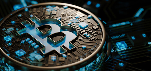 Bitcoin virtual cryptocurrency blockchain technology digital currency money gold coin exchange market future global network connections. BTC mining crypto symbol mainboard futuristic.3d rendering.