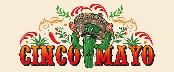 Cinco de Mayo horizontal banner with cactus