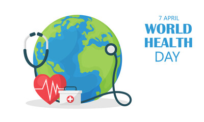 World Health Day. stethoscope with globe and heart measurement. Healthcare and Medical on 7th April. vector illustration modern design. copy space for text. Save the earth. isolated white background. - obrazy, fototapety, plakaty