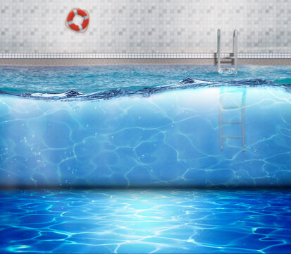 Swimming pool mockup background with a ladder and a lifebuoy