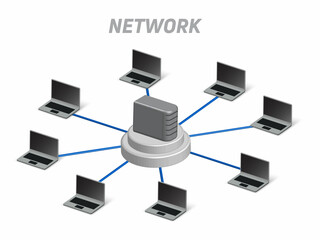 3D vector illustration of a local area network computer network with a computer server as the network center.