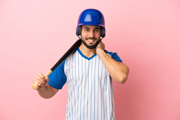 Baseball player with helmet and bat isolated on pink background laughing