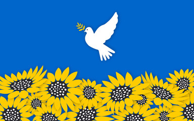 Horizontal poster with a white dove of peace on a blue background with sunflowers in paper cut style. Peace to Ukraine.