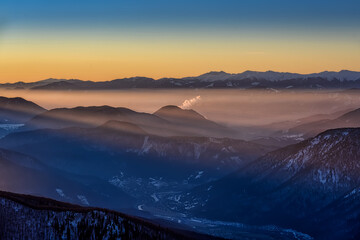 Fototapeta premium view of Chleb in Mala Fatra on snowy slopes during sunrise