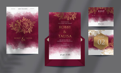 ELEGANT BURGUNDY RED WATERCOLOR WEDDING INVITATION WITH GOLD FLORAL OUTLINE