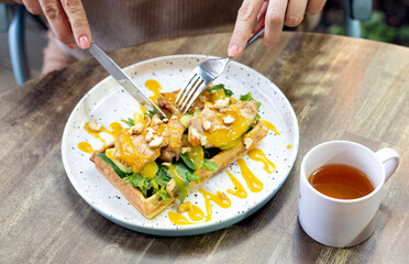 waffles with grilled chicken and arugula
