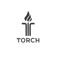 Initial Letter T Burning Torch Fire Flame with Pillar column logo design