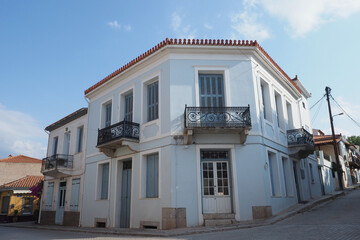 Beautiful neoclassical and picturesque architecture in houses of Galaxidi traditional seaside settlement, Fiokida, Greece