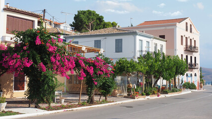 Beautiful neoclassical and picturesque architecture in houses of Galaxidi traditional seaside settlement, Fiokida, Greece