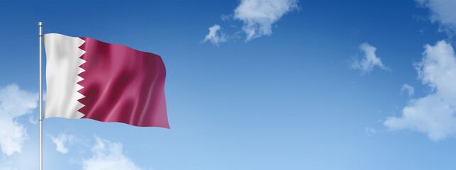 Qatar flag isolated on a blue sky. Horizontal banner