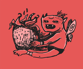 Hand drawn monster troll with strawberry. Funny character illustration design. - obrazy, fototapety, plakaty
