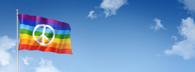 Rainbow peace flag isolated on a blue sky. Horizontal banner