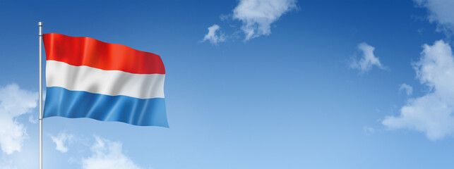Luxembourg flag isolated on a blue sky. Horizontal banner - obrazy, fototapety, plakaty