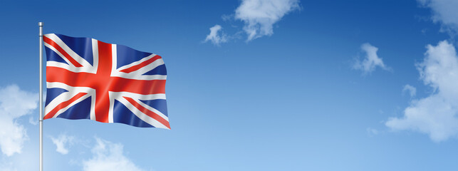 British flag isolated on a blue sky. Horizontal banner