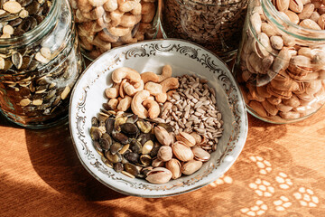 Cashew nuts, pistachios, sunflower seeds and pumpkin seeds mixture.