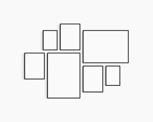 Gallery wall mockup. Set of 7 black frames. Gallery wall frame mockup. One 50x70 (5:7), one 70x50 (7:5), three 30x40 (3:4), and two A4 (5:7) black frames.