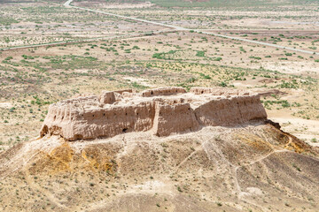 View at the Ayaz Kala desert castle in the Kyzylkum Desert in Northern Uzbekistan, Central Asia