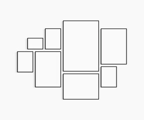 Gallery wall mockup. Set of 8 black frames. Gallery wall frame mockup. Black frames: one 70x100 (7:10), two 50x70 (5:7), one 70x50 (7:5), three 30x40 (3:4), one A4 landscape (7:5).