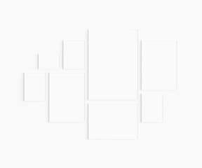 Gallery wall mockup. Set of 8 white frames. Gallery wall frame mockup. White frames: one 70x100 (7:10), two 50x70 (5:7), one 70x50 (7:5), three 30x40 (3:4), one A4 landscape (7:5).