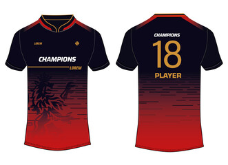 Sports jersey t shirt design concept vector template, Cricket jersey concept with front and back view for rcb Royal Challengers Bangalore