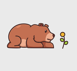cute grizzly bear brown sitting looking for flowers. cartoon animal nature concept Isolated illustration. Flat Style suitable for Sticker Icon Design Premium Logo vector. Mascot Character