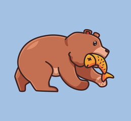 cute grizzly bear brown catching a salmon fish on river. cartoon animal nature concept Isolated illustration. Flat Style suitable for Sticker Icon Design Premium Logo vector. Mascot Character