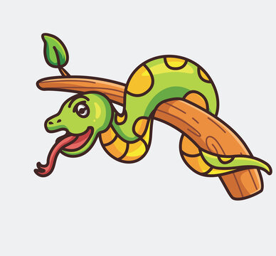 cute snake lay on tree branch. cartoon animal nature concept Isolated illustration. Flat Style suitable for Sticker Icon Design Premium Logo vector. Mascot Character