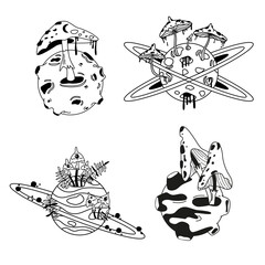 Celestial Mystical boho mushrooms, magic mushroom with planet