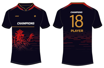 Sports jersey t shirt design concept vector template, training Cricket jersey concept with front and back view for rcb Royal Challengers Bangalore