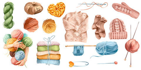 watercolor set of elements for knitting. balls of yarn, skeins, knitted socks, mittens, sweater, knitting needles, knitted basket crochet hook. hobby, handmade. isolated on white. Logo design - obrazy, fototapety, plakaty