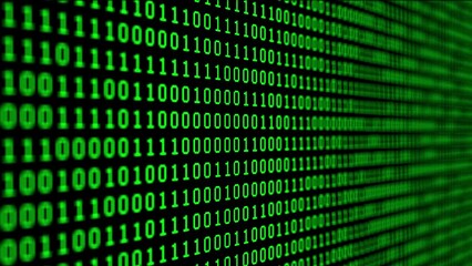Abstract binary code background with green digits moving on the screen. Data, code, decryption and encoding concepts. Seamless loopable background.
