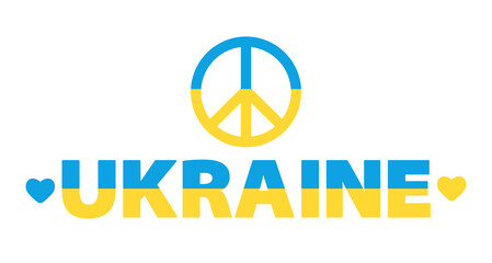 The word UKRAINE and the symbol of peace in the colors of the Ukrainian flag.