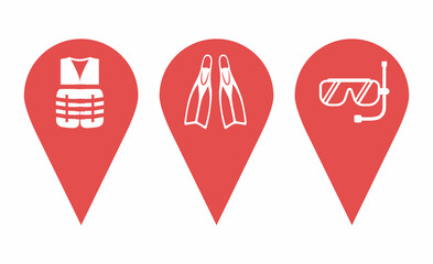 Location icons set depicting flippers, life jacket, scuba mask. Location pins on the map pointing to the sea, diving facilities, entertainment center. Design elements for mobile app, game, banner