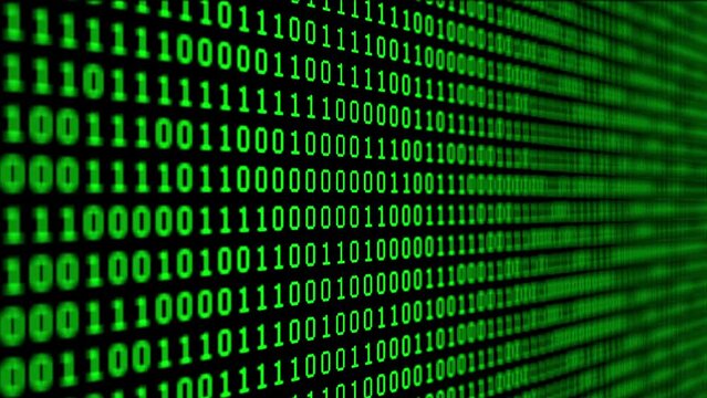 Abstract binary code background with green digits moving on the screen. Data, code, decryption and encoding concepts. Seamless loopable background.