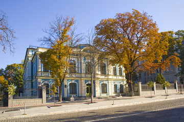 Fototapeta na wymiar Beautiful mansion (press club of the Cabinet of Ministers of Ukraine) on the Institutskaya Street in Kyiv, Ukraine