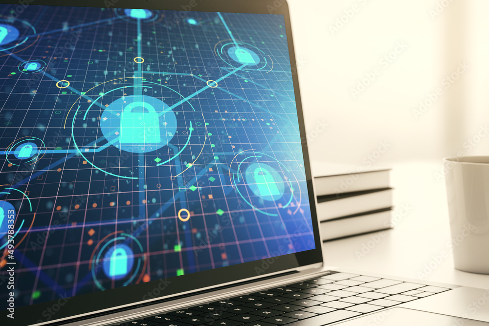 Poster Modern computer monitor with creative lock hologram and chip. Information security concept. 3D Rendering