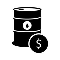 Oil price icon. Vector illustration of oil drum with dollar symbol isolated on white background. Fossil fuel concept. Financial crisis on oil market. Black and white container.