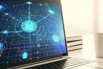 Modern computer monitor with creative lock hologram and chip. Information security concept. 3D Rendering