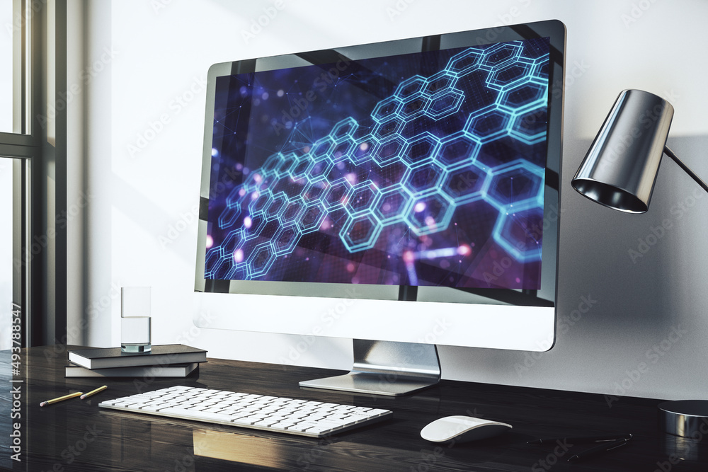 Aufkleber creative concept of wireless technology with hexagon hologram on modern laptop screen. big data and 