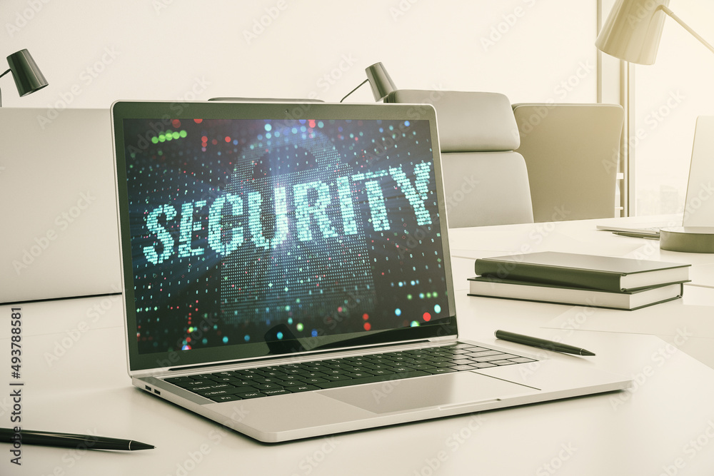 Poster cyber security creative concept on modern laptop monitor. 3d rendering