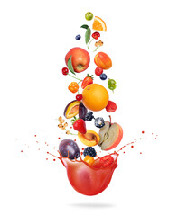 Different fruits and berries are falling in splashes of juice on a white background
