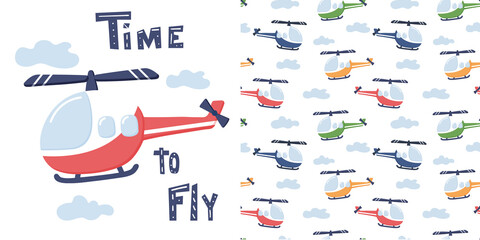 Red Helicopter in Cartoon style with sign Time to fly and seamless pattern colorful Helicopter. Vector. © Ira