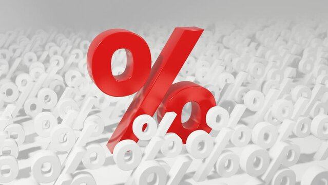 Big red percentage sign middle of small white percentage symbols. 3D render concept background animation.
