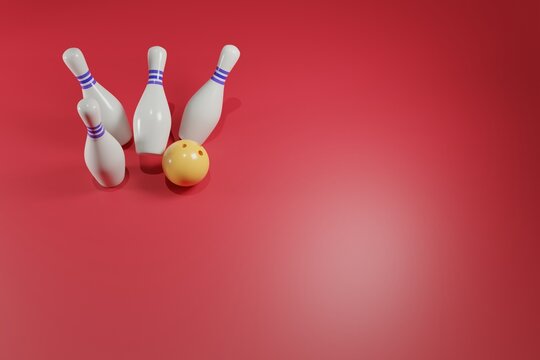 3D rendering illustration yellow ball and scattered white skittles isolated on red background. Realistic game set.